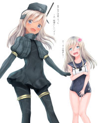 Rule 34 | 2girls, :d, blonde hair, blue eyes, bodysuit, cosplay, costume switch, covered navel, crop top, cropped jacket, diving suit, dual persona, embarrassed, flower, garrison cap, hair flower, hair ornament, hat, highres, irohakaede, kantai collection, long hair, long sleeves, military, military uniform, multiple girls, one-piece swimsuit, open mouth, puffy long sleeves, puffy sleeves, ro-500 (kancolle), ro-500 (kancolle) (cosplay), sailor collar, school swimsuit, simple background, smile, swimsuit, swimsuit under clothes, tan, time paradox, translation request, u-511 (kancolle), u-511 (kancolle) (cosplay), uniform, wavy mouth, wetsuit, white background