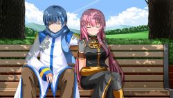 Rule 34 | 1boy, 1girl, bad id, bad pixiv id, bench, blue hair, blue scarf, boots, cloud, day, detached sleeves, closed eyes, jacket, kaito (vocaloid), long hair, long sleeves, megurine luka, outdoors, pink hair, scarf, short hair, sitting, sky, smile, thighhighs, tree, turtleneck, very long hair, vocaloid, yakitori (oni)