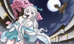 Rule 34 | 1girl, architecture, bird, blue eyes, byeoljagga, cherry blossoms, chinese clothes, cloud, cloudy sky, commission, earrings, east asian architecture, hair between eyes, hair ornament, hand fan, hawk, highres, holding, holding fan, honkai (series), honkai impact 3rd, jewelry, lantern, looking at viewer, moon, night, night sky, open mouth, outdoors, petals, sky, solo, teeth, theresa apocalypse, zhuge kongming (honkai impact), tree, white hair, zhuge kongming (honkai impact)