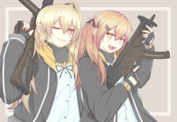 Rule 34 | 2girls, :d, black gloves, black jacket, black ribbon, blonde hair, commentary request, cube85, fang, fingerless gloves, girls&#039; frontline, gloves, grey background, grin, gun, hair between eyes, hair ornament, hair ribbon, hairclip, hand up, highres, holding, holding gun, holding weapon, jacket, long hair, long sleeves, looking at viewer, multiple girls, one eye closed, one side up, open clothes, open jacket, open mouth, outside border, ribbon, rifle, scar, scar across eye, scar on face, shirt, sidelocks, simple background, smile, submachine gun, trigger discipline, ump45 (girls&#039; frontline), ump9 (girls&#039; frontline), upper body, weapon, white shirt, yellow eyes