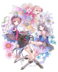 Rule 34 | 3girls, absurdres, atelier (series), atelier meruru, atelier rorona, atelier totori, belt, belt pouch, beret, blue eyes, blush, boots, bow, breasts, capelet, cleavage, closed mouth, collarbone, crown, detached sleeves, dress, flower, frilled dress, frilled skirt, frills, full body, gradient clothes, grey eyes, grey hair, hand on own chest, hand up, hat, headdress, highres, kishida mel, knee boots, long hair, long sleeves, looking at viewer, merurulince rede arls, mini crown, multiple girls, official art, open mouth, pink hair, pleated skirt, pouch, red hair, ribbon, rororina fryxell, short dress, skirt, small breasts, smile, totooria helmold