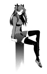 Rule 34 | 1girl, absurdres, bow, fate/stay night, fate (series), greyscale, hair bow, highres, looking at viewer, monochrome, shadow, sitting, skirt, smile, solo, thighhighs, tohsaka rin, tsukamoto minori, two side up