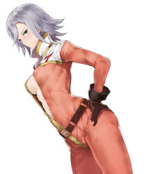 Rule 34 | 1girl, azee gurumin, belt, blue eyes, blush, bodysuit, breasts, brown gloves, center opening, clothes writing, covered erect nipples, cowboy shot, dutch angle, eyelashes, from side, gloves, gundam, gundam tekketsu no orphans, hand on own hip, highres, long sleeves, looking at viewer, short hair, simple background, small breasts, solo, tokopi, white background