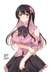 Rule 34 | 1girl, alternate costume, black bow, black bowtie, black hair, black skirt, blush, bow, bowtie, closed mouth, collared shirt, frilled shirt collar, frilled skirt, frills, highres, jirai kei, kantai collection, long hair, multicolored hair, naganami (kancolle), one-hour drawing challenge, owa (ishtail), pink hair, pink shirt, shirt, simple background, skirt, solo, upper body, white background, wrist cuffs, yellow eyes