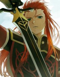 Rule 34 | 1boy, asch (tales), black gloves, black tabard, blue sky, cloud, cloudy sky, commentary, elbow gloves, gloves, green eyes, hair slicked back, hand up, high collar, highres, holding, holding sword, holding weapon, long hair, looking at viewer, male focus, meba, outdoors, parted lips, red hair, serious, shoulder pads, sidelocks, sky, solo, spiked hair, sword, tabard, tales of (series), tales of the abyss, upper body, weapon