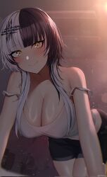 Rule 34 | 1girl, bare shoulders, bent over, black hair, black shorts, blush, breasts, cleavage, closed mouth, corrupted twitter file, hair ornament, highres, hololive, hololive english, kotodekun, large breasts, long hair, looking at viewer, multicolored hair, shiori novella, shirt, shorts, smile, solo, split-color hair, two-tone hair, virtual youtuber, white hair, white shirt, yellow eyes