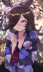 Rule 34 | 1girl, animal ears, blurry, blurry background, blush, bow, brown hair, closed mouth, commentary request, cowboy shot, ear ribbon, fireworks, floral dress, floral print, hair over one eye, hands up, highres, horse ears, horse girl, japanese clothes, kimono, long hair, long sleeves, looking at viewer, nose blush, obi, obijime, pink eyes, ribbon, rice shower (umamusume), sash, smile, solo, umamusume, usagi (3828164), white ribbon, wide sleeves, yukata