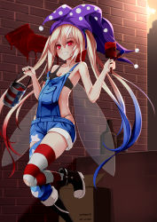 Rule 34 | 1girl, absurdres, alternate hairstyle, bad id, bad pixiv id, bare arms, bare shoulders, black bra, black footwear, black panties, blonde hair, blue hair, blue pants, blush, boots, bottle, box, bra, breasts, brick wall, bucket, cardboard box, cleavage, clownpiece, collarbone, fairy wings, feet out of frame, gradient hair, grin, hair between eyes, hands up, hat, highleg, highleg panties, highres, holding, holding bucket, holding paintbrush, jester cap, long hair, looking at viewer, mu yan, multicolored hair, outdoors, overalls, paint, paint can, paintbrush, panties, pants, polka dot, polka dot headwear, purple hat, red eyes, red hair, red thighhighs, single thighhigh, small breasts, smile, solo, star (symbol), star print, striped clothes, striped thighhighs, thighhighs, thighs, touhou, twintails, underwear, very long hair, white thighhighs, wings