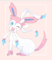 Rule 34 | animal focus, blue eyes, blush, bow, bowtie, chromatic aberration, closed mouth, creatures (company), from side, full body, game freak, gen 6 pokemon, hair bow, happy, heart, looking at viewer, nintendo, no humans, one eye closed, outline, pink background, pink bow, pink bowtie, pio (piopio poke), pokemon, pokemon (creature), ribbon, simple background, smile, solo, sylveon, white outline, white ribbon, wink