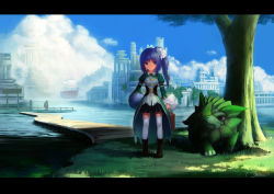 Rule 34 | 1girl, blue eyes, blue hair, briefcase, building, city, cloud, colored eyelashes, day, dragon, grass, hair ornament, holding, letterboxed, long hair, long sleeves, looking at viewer, original, outdoors, pier, pleated skirt, puffy long sleeves, puffy sleeves, scenery, scrunchie, ship, shoes, side ponytail, signature, skirt, sky, skyline, standing, suitcase, thighhighs, tree, tree shade, water, watercraft, white thighhighs, zettai ryouiki, zimajiang
