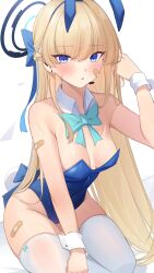 Rule 34 | 1girl, absurdres, bandaid, bandaid on arm, bandaid on face, bandaid on leg, bare shoulders, blonde hair, blue archive, blue bow, blue eyes, blue hairband, blue leotard, bow, bowtie, breasts, detached collar, earpiece, hairband, hand up, highleg, highleg leotard, highres, leotard, long hair, microphone, pang-yo, parted lips, playboy bunny, sitting, small breasts, solo, sweat, thighhighs, toki (blue archive), toki (bunny) (blue archive), very long hair, white thighhighs, wrist cuffs