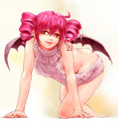 Rule 34 | 1girl, ahoge, all fours, aran sweater, ass, backless dress, backless outfit, bare arms, bare back, bare legs, bare shoulders, bat wings, butt crack, cable knit, closed mouth, commentary request, crawling, dress, drill hair, grey sweater, hair between eyes, halterneck, kasane teto, konpasu, lipstick, looking at viewer, makeup, meme attire, multicolored eyes, nail polish, naked sweater, orange eyes, pink hair, pink lips, pink nails, red eyes, ribbed sweater, simple background, sleeveless, slit pupils, smile, solo, sweater, sweater dress, tattoo, turtleneck, turtleneck sweater, twin drills, twintails, utau, virgin killer sweater, vocaloid, wings