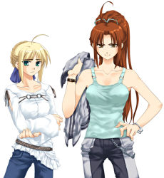 Rule 34 | 00s, 2girls, ahoge, akari maki, alternate costume, artoria pendragon (all), artoria pendragon (fate), belt, blonde hair, bracelet, brown eyes, brown hair, chain, crossed arms, crossover, denim, fatal fury, fate/stay night, fate (series), green eyes, hand on own hip, height difference, hip focus, jeans, jewelry, long hair, multiple girls, pants, ponytail, saber (fate), shiranui mai, smile, snk, tank top, the king of fighters