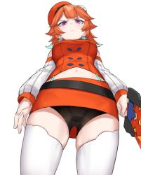 Rule 34 | 1girl, beret, bike shorts, black shorts, blouse, closed mouth, dasdokter, detached sleeves, from below, hat, holding, holding sword, holding weapon, hololive, hololive english, long hair, midriff, miniskirt, multicolored hair, navel, orange hair, orange hat, orange shirt, orange skirt, purple eyes, shirt, shorts, shorts under skirt, simple background, skirt, sleeveless, sleeveless shirt, solo, standing, sword, takanashi kiara, thighhighs, two-tone hair, upskirt, virtual youtuber, weapon, white background, white thighhighs