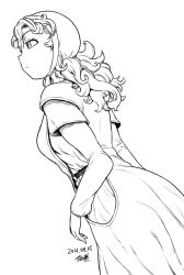Rule 34 | 1girl, closed mouth, curly hair, dated, dragon quest, dragon quest vii, dress, greyscale, hood, long hair, maribel (dq7), monochrome, signature, simple background, solo, tsukudani (coke-buta), white background
