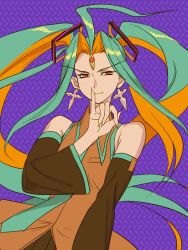 Rule 34 | 1girl, aqua hair, bare shoulders, closed mouth, cosplay, detached sleeves, earrings, floating hair, hair intakes, hand up, hatsune miku, hatsune miku (cosplay), jewelry, long eyebrows, long hair, long sleeves, looking at viewer, macross, macross plus, multicolored hair, orange eyes, orange hair, orange pupils, pinky out, purple background, sharon apple, smile, solo, trait connection, twintails, two-tone hair, very long hair, vocaloid, yuccoshi