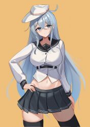 Rule 34 | 1girl, aged up, black sailor collar, black thighhighs, blue eyes, blue hair, blush, breasts, closed mouth, cropped jacket, crossed bangs, dimos (dawn 1945), earrings, flat cap, hand on own hip, hat, hibiki (kancolle), highres, jacket, jewelry, kantai collection, large breasts, long hair, miniskirt, orange background, pleated skirt, sailor collar, school uniform, serafuku, single earring, skirt, solo, star (symbol), star earrings, thighhighs, verniy (kancolle), white jacket