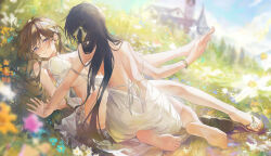 Rule 34 | 2girls, absurdres, arm support, back, backboob, bare shoulders, barefoot, black hair, blue eyes, blurry, blurry background, blurry foreground, bracelet, braid, breasts, brown hair, cleavage, commentary request, dress, falling petals, feet, flower, grass, green ribbon, hair flower, hair ornament, hair ribbon, hand on another&#039;s foot, highres, jewelry, large breasts, leg lift, long hair, lying, multiple girls, on back, original, outdoors, petals, ribbon, single braid, slippers, soles, strap slip, swkl:d, tree, white dress, yuri