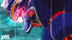 Rule 34 | from side, glowing, gridknight (ssss.gridman), gridman universe, highres, leaning forward, looking ahead, mecha, no humans, rain, robot, science fiction, solo, ssss.dynazenon, upper body, visor, xaaaci