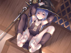 Rule 34 | 1girl, :3, armpits, arms up, barefoot, black dress, blue hair, breasts, choker, collarbone, copyright request, covered erect nipples, detached sleeves, dress, dutch angle, feet, foot focus, front-tie top, hair between eyes, hand on headwear, hat, jack dempa, leaning back, legs up, long hair, no panties, non-web source, parted lips, pelvic curtain, purple eyes, sitting, small breasts, smile, soles, solo, staff, toes, witch hat