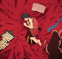 Rule 34 | 1boy, avatar: the last airbender, avatar legends, bare shoulders, barefoot, bed, black hair, from above, full body, lying, male focus, on back, on side, pants, pillow, red pants, red shirt, scar, scar on face, scroll, shirt, short hair, sleeveless, sleeveless shirt, soles, solo, t k g, toes, zuko