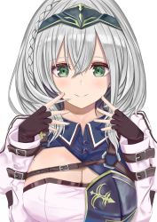 Rule 34 | 1girl, black gloves, blush, braid, breasts, cleavage, closed mouth, commentary request, fingerless gloves, gloves, green eyes, grey hair, hair between eyes, headpiece, highres, hololive, juliet sleeves, large breasts, long hair, long sleeves, looking at viewer, natsuki (natukituki), puffy sleeves, shirogane noel, shirogane noel (1st costume), shirt, simple background, smile, solo, upper body, virtual youtuber, white background, white shirt