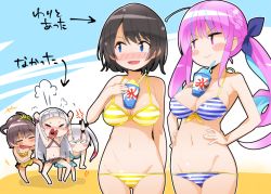 Rule 34 | 5girls, alternate breast size, alternate costume, arms up, bikini, blush, breast envy, breasts, closed eyes, closed mouth, food, hair ribbon, halterneck, hololive, horns, large breasts, minato aqua, minato aqua (hololive summer 2019), multiple girls, murasaki shion, nakiri ayame, nakiri ayame (hololive summer 2019), natsuiro matsuri, natsuiro matsuri (hololive summer 2019), navel, object on breast, official alternate costume, oozora subaru, oozora subaru (hololive summer 2019), ribbon, semahiro, shaved ice, short hair, striped bikini, striped clothes, swimsuit, translation request, twintails, virtual youtuber