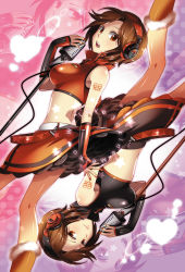 Rule 34 | 2girls, aged down, black skirt, brown eyes, brown hair, caffein, crop top, dual persona, headphones, heart, highres, light smile, looking back, meiko (vocaloid), microphone, microphone stand, midriff, miniskirt, multiple girls, nail polish, open mouth, orange skirt, petticoat, rotational symmetry, sakine meiko, shiny skin, short hair, skirt, smile, star (symbol), vintage microphone, vocaloid, zoom layer