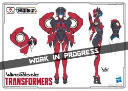 Rule 34 | 1girl, ass, autobot, ban! (bansankan), blue eyes, character name, commentary, company name, concept art, copyright name, english commentary, flame toys, flame toys windblade, from side, hasbro, highres, mechanical wings, multiple views, official art, second-party source, standing, transformers, unfinished, watermark, windblade, wings