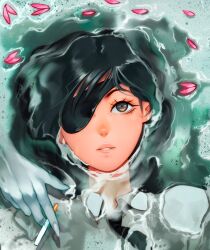 Rule 34 | black hair, cesar art456, chainsaw man, cigarette, collared shirt, eyepatch, fingernails, floating hair, highres, himeno (chainsaw man), lips, looking up, partially submerged, petals, shirt, tied shirt, water