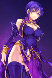 Rule 34 | 1girl, bangle, bare shoulders, bracelet, breasts, cleavage, closed mouth, commentary request, detached collar, detached sleeves, dress, earrings, elbow gloves, fire emblem, fire emblem: the blazing blade, fire emblem heroes, from below, gloves, groin, highres, jewelry, jurge, large breasts, nintendo, purple background, purple eyes, purple hair, serious, short hair, side slit, sleeveless, sleeveless dress, solo, thighhighs, thighs, ursula (fire emblem)