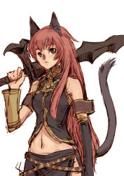 Rule 34 | 1girl, animal ears, bad id, bad pixiv id, branch (blackrabbits), buront, buront (cosplay), cat girl, cosplay, female focus, final fantasy, final fantasy xi, long hair, megurine luka, mithra (ff11), navel, parody, red hair, simple background, sketch, solo, sword, tail, vocaloid, weapon