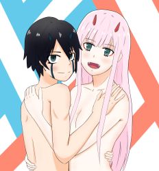 Rule 34 | 10s, 1boy, 1girl, bad id, bad pixiv id, black hair, blue eyes, blue horns, breasts, commentary request, couple, darling in the franxx, fangs, fringe trim, green eyes, hand on another&#039;s hip, hand on another&#039;s shoulder, hetero, highres, hiro (darling in the franxx), horns, hug, long hair, looking at viewer, medium breasts, nude, oni horns, pink hair, red horns, scar, scar on face, short hair, user yhxs5287, zero two (darling in the franxx)