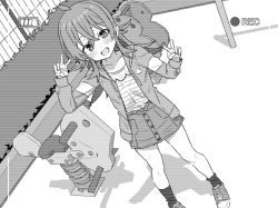 Rule 34 | 1girl, :d, ahoge, bad id, bad twitter id, barbarian tk, battery indicator, blush, crossed bangs, double v, greyscale, hair between eyes, idolmaster, idolmaster shiny colors, jacket, komiya kaho, long hair, looking at viewer, monochrome, open mouth, outdoors, playground, recording, shoes, skirt, smile, sneakers, socks, solo, spring rider, standing, v, viewfinder