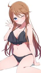 Rule 34 | 1girl, ahoge, arm support, bare shoulders, bikini, black bikini, blue eyes, blush, breasts, brown hair, cleavage, closed mouth, collarbone, dot nose, frilled bikini, frills, hand up, highres, idolmaster, idolmaster million live!, idolmaster million live! theater days, long hair, looking at viewer, medium breasts, midriff, mochigome (ununquadium), navel, one eye closed, open hand, simple background, sitting, smile, solo, swept bangs, swimsuit, tokoro megumi, wariza, white background