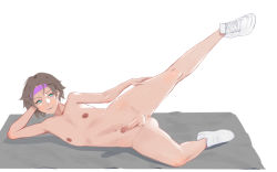 Rule 34 | 1boy, anus, blue eyes, brown hair, full body, groin, head on hand, headband, highres, laying, leg lift, leg up, looking at viewer, male focus, mole, mole under eye, mole under mouth, nipples, nude, original, penis, purple headband, seductive smile, shadow, shoes, smile, sneakers, testicles, trap, white background, white footwear, yoga, yoga mat