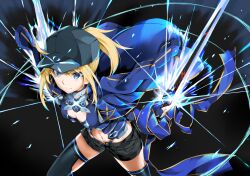 Rule 34 | 1girl, absurdres, artoria pendragon (fate), black background, black hat, black shorts, black thighhighs, blonde hair, blue eyes, blue jacket, blue ribbon, breasts, cleavage, closed mouth, commentary request, cowboy shot, dual wielding, fate/grand order, fate (series), fighting stance, floating clothes, floating hair, from above, glowing, glowing sword, glowing weapon, hat, highres, holding, holding sword, holding weapon, jacket, light smile, looking afar, medium breasts, multicolored hair, mysterious heroine x (fate), navel, open clothes, open jacket, peaked cap, ponytail, ribbon, shorts, simple background, solo, standing, sword, thighhighs, weapon, yanagi marie