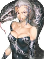 Rule 34 | 10s, 1girl, 2013, bare shoulders, breasts, dress, covered erect nipples, fang, forked tongue, fumio (rsqkr), long hair, long tongue, monster girl, purple eyes, scales, silver hair, slit pupils, snake, tongue, tongue out, zipper