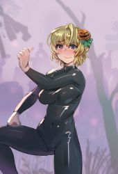 Rule 34 | 1girl, black bodysuit, blonde hair, blush, bodysuit, bow (bhp), breasts, cameltoe, closed mouth, covered navel, crying, crying with eyes open, dancing, grey background, hair ornament, jack-o&#039;-lantern, latex, latex bodysuit, long sleeves, looking at viewer, medium breasts, meme, original, pumpkin dance (meme), purple eyes, revision, scared, short hair, solo, standing, standing on one leg, tears