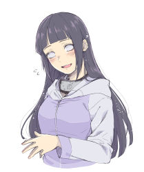 Rule 34 | 1girl, :d, black hair, blunt bangs, blush, cropped torso, grey eyes, grey sleeves, headband around neck, highres, hime cut, hooded cardigan, hyuuga hinata, long hair, long sleeves, looking at viewer, naruto (series), naruto shippuuden, open mouth, simple background, sketch, smile, solo, straight hair, suzu (tg 390), upper body, very long hair, white background