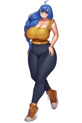 Rule 34 | 1girl, ahoge, black eyes, black pants, blue hair, breasts, brown footwear, cinko, cleavage, copyright request, curvy, denim, frilled shirt, frills, full body, hands on own hips, highres, huge breasts, jeans, long hair, pants, parted lips, shirt, shoes, simple background, sleeveless, sleeveless shirt, smile, sneakers, solo, standing, tachi-e, thick thighs, thighs, tight clothes, tight pants, very long hair, white background, wide hips, yellow shirt