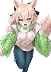 Rule 34 | 1girl, absurdres, ahoge, animal ears, black bow, black pants, blonde hair, bow, commentary request, fate/grand order, fate (series), fingernails, fur-trimmed jacket, fur-trimmed sleeves, fur trim, green jacket, grey eyes, hair between eyes, hair bow, highres, jacket, long sleeves, looking at viewer, nigori (keydoor), official alternate costume, okita souji (dream portrait) (fate), okita souji (fate), open clothes, open jacket, open mouth, pants, pink nails, pink sweater, scarf, short hair, simple background, smile, solo, standing, standing on one leg, sweater, tail, white background, yoga pants