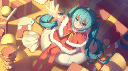 Rule 34 | 1girl, ahoge, akabane (pixiv3586989), arm support, arm up, blue eyes, blue hair, box, capelet, floating hair, from above, fur trim, gift, gift bag, gift box, hair between eyes, hair ribbon, hatsune miku, highres, indoors, long hair, miniskirt, neck ribbon, orange ribbon, red ribbon, red skirt, red thighhighs, ribbon, sitting, skirt, smile, solo, thighhighs, twintails, very long hair, vocaloid, wooden floor, zettai ryouiki