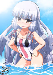 Rule 34 | 10s, 1girl, adapted costume, bare shoulders, blue sky, blunt bangs, blush, breasts, brown eyes, cloud, collarbone, cowboy shot, day, eyebrows, hair ribbon, hands on own hips, in water, kantai collection, leaning forward, long hair, looking at viewer, murakumo (kancolle), murakumo kai ni (kancolle), one-piece swimsuit, open mouth, ribbon, sidelocks, signature, silver hair, simple background, sky, small breasts, solo, standing, swimsuit, thick eyebrows, toba hiyoko, tress ribbon, wading, water
