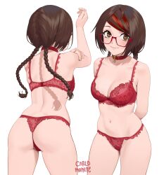 Rule 34 | 1girl, absurdres, arms behind back, artist name, ass, bra, braid, breasts, brown eyes, brown hair, carlo montie, choker, cleavage, closed mouth, collar, collarbone, commission, from behind, glasses, heart, heart choker, highres, long hair, medium breasts, multicolored hair, multiple views, navel, original, panties, red bra, red collar, red hair, red panties, simple background, smile, streaked hair, twin braids, underwear, white background