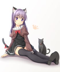 Rule 34 | 1girl, animal ears, bell, between legs, black cat, black dress, black footwear, black thighhighs, blush, bow, bowtie, brown shirt, cat, cat ears, cat tail, choker, commentary request, dress, full body, gradient background, hand between legs, highres, long hair, long sleeves, looking at viewer, neck bell, original, paw print, purple eyes, purple hair, red bow, red bowtie, red ribbon, ribbon, school uniform, shibacha (shibacha 0728), shirt, shoes, shrug (clothing), sitting, sleeves past wrists, smile, solo, tail, tail ornament, tail ribbon, thighhighs