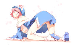 Rule 34 | 1girl, all fours, ass, bad id, bad pixiv id, bare shoulders, blush, breasts, cleavage, geta, hat, japanese clothes, kimono, large breasts, looking at viewer, mob cap, non (z-art), obi, off shoulder, open mouth, panties, pantyshot, pink eyes, pink hair, saigyouji yuyuko, sash, short hair, simple background, socks, solo, touhou, triangular headpiece, underwear, white background, white panties, wide sleeves