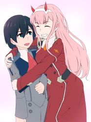 Rule 34 | 10s, 1boy, 1girl, black hair, blue eyes, breasts, closed eyes, commentary request, couple, darling in the franxx, dress, ecliygame, fang, hair ornament, hairband, hand on another&#039;s arm, hand on another&#039;s shoulder, hetero, hiro (darling in the franxx), horns, hug, long hair, long sleeves, looking at another, medium breasts, military, military uniform, necktie, oni horns, orange neckwear, pink hair, red dress, red horns, red neckwear, short hair, uniform, white hairband, zero two (darling in the franxx)