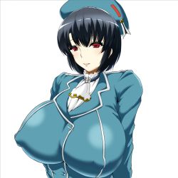 Rule 34 | 10s, 1girl, blue hair, breasts, covered erect nipples, female focus, hat, huge breasts, jinraiken, kantai collection, puffy nipples, red eyes, short hair, smile, takao (kancolle), uniform