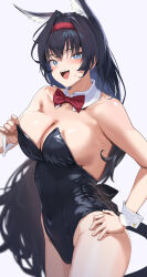 Rule 34 | 1girl, alternate costume, animal ear fluff, animal ears, arknights, black hair, black leotard, blaze (arknights), blue eyes, blush, bow, bowtie, breasts, cat ears, cat girl, cat tail, cleavage, covered navel, detached collar, grey background, hairband, hand on own hip, highres, large breasts, leotard, long hair, looking at viewer, open mouth, red bow, red bowtie, red hairband, satsuki neko, simple background, smile, solo, strapless, strapless leotard, tail, very long hair, white wrist cuffs, wrist cuffs